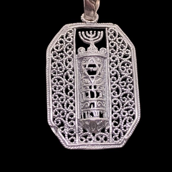 Sterling Silver Filigree Mezuzah Menorah Pendant Handmade Judaica Unisex - Picture 3 of 8